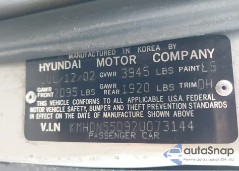 2002 Hyundai Elantra Gt z USA, uszkodzony, nr VIN KMHDN55D92U073144